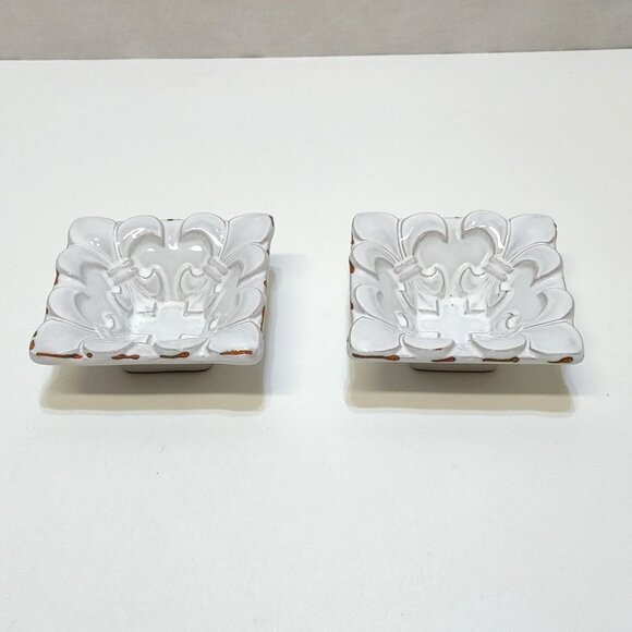 Mud Pie Ceramic Dessert Fleur de Lis Dishes Set Of 2 Square Decorative Bowls - Picture 1 of 6